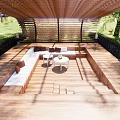 Modern Wooden Pergola With Latticed Roof And Seating Area Surrounded By Green Trees