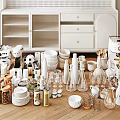 Dinnerware Set With Bowls Plates Cups Jars Coffee Maker Blender On White Cabinet Wooden Floor