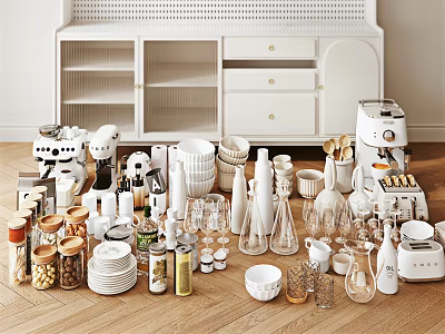 Dinnerware Set With Bowls Plates Cups Jars Coffee Maker Blender On White Cabinet Wooden Floor 3d model