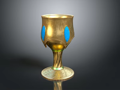 Elegant Golden Decorative Cup With Blue Accents And Intricate Patterned Base 3d model