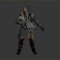 Hooded Character With Rifle And Mystical Creature In Gray Orange Robe Design