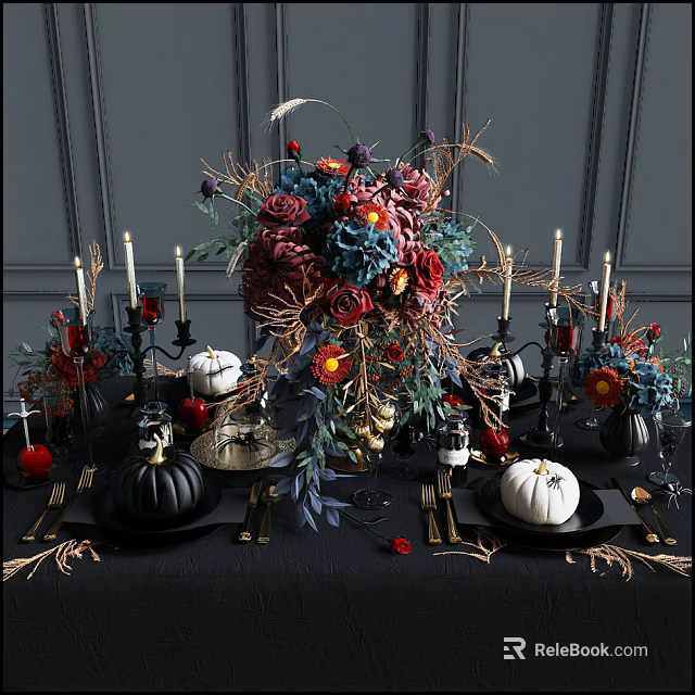 Elegant Dinnerware Set With Black Plates White Pumpkins Red Purple Flowers Candles And Wheat Decorations 3d model 