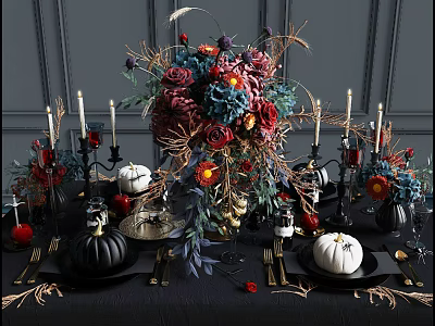 Elegant Dinnerware Set With Black Plates White Pumpkins Red Purple Flowers Candles And Wheat Decorations 3d model