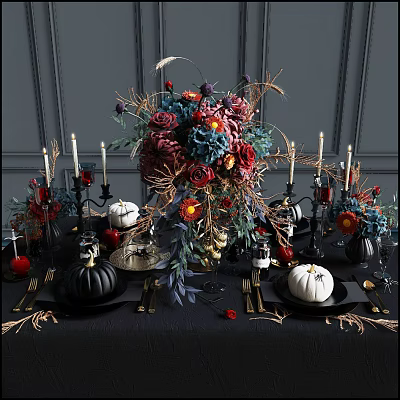Elegant Dinnerware Set With Black Plates White Pumpkins Red Purple Flowers Candles And Wheat Decorations 3d model