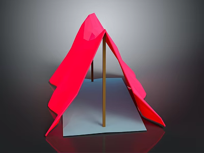Red Tent Structure With Wooden Support Poles And Gray Platform Base 3d model