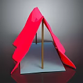 Red Tent Structure With Wooden Support Poles And Gray Platform Base