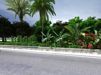 Lush Roadside Garden With Palm Trees Green Plants And Red Flowers 3d model