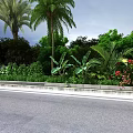 Lush Roadside Garden With Palm Trees Green Plants And Red Flowers