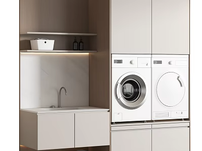 Modern Wooden Bathroom Cabinet Rack With Sink Washing Machine And Marble Countertop 3d model