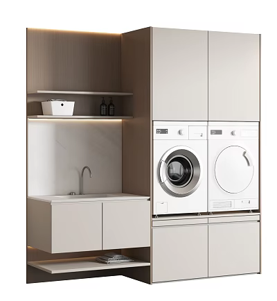 Modern Wooden Bathroom Cabinet Rack With Sink Washing Machine And Marble Countertop 3d model