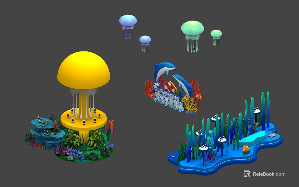 Ocean Themed Display Shelves With Jellyfish Dolphin Corals And Seaweed Decorations 3d model 