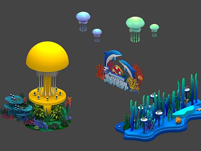 Ocean Themed Display Shelves With Jellyfish Dolphin Corals And Seaweed Decorations 3d model