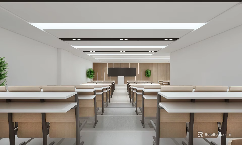School Modern Classroom Interior With Desks Lighting And Plants 3d model