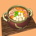 Traditional Hot Pot with Meat Shrimp Meatballs and Vegetables on Wooden Tray