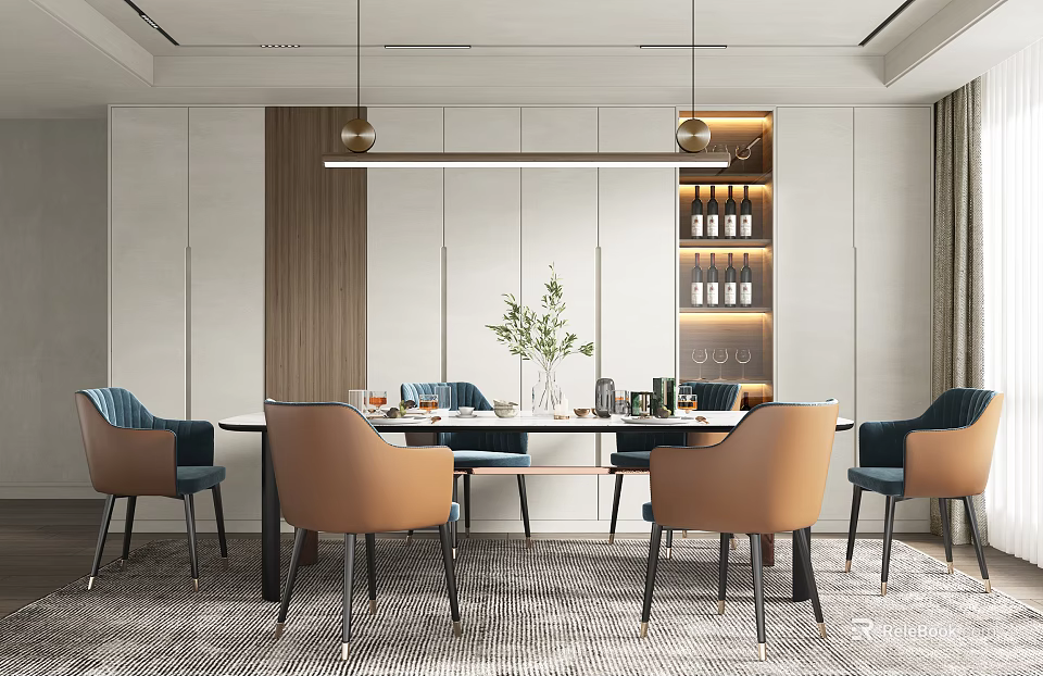Elegant Modern Restaurant Interior With Dining Table Brown Blue Chairs Pendant Lights Plant Wine Rack 3d model 