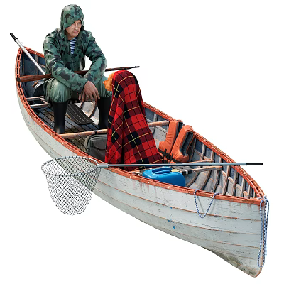 Traditional Wooden Boat Featuring a Person Sitting Onboard With Fishing Net Plaid Blanket Life Jacket 3d model