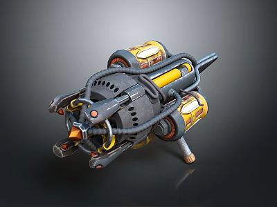 Futuristic Mechanical Weapon With Yellow Gray Components Metal Pipes And Cannon Barrel 3d model