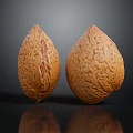 Two Brown Almonds With Textured Surface On Black Background And Reflection 3d model