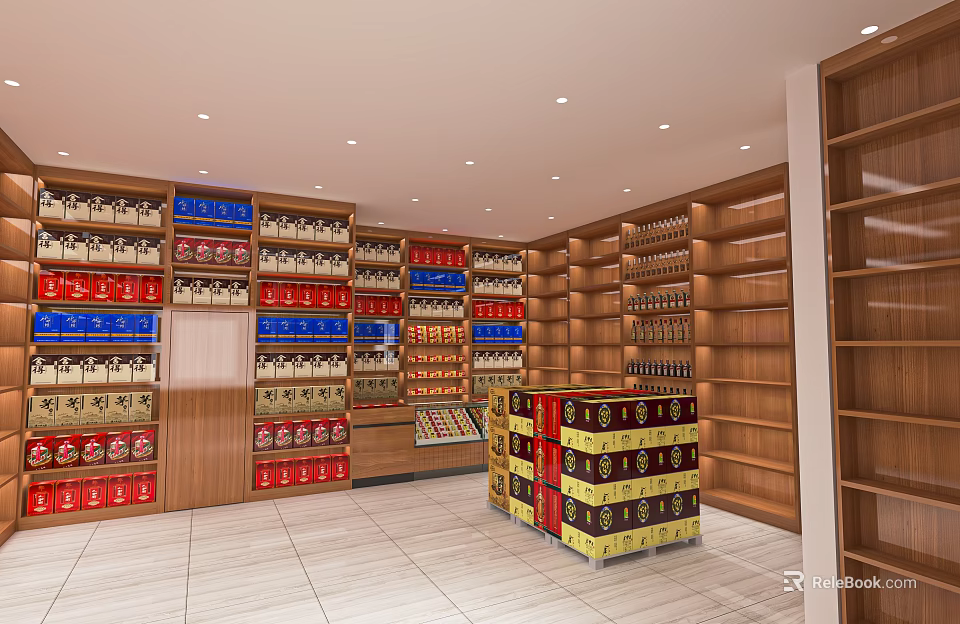 Tobacco and Liquor Store Interior With Shelves Displaying Wine Tobacco and Various Products 3d model 