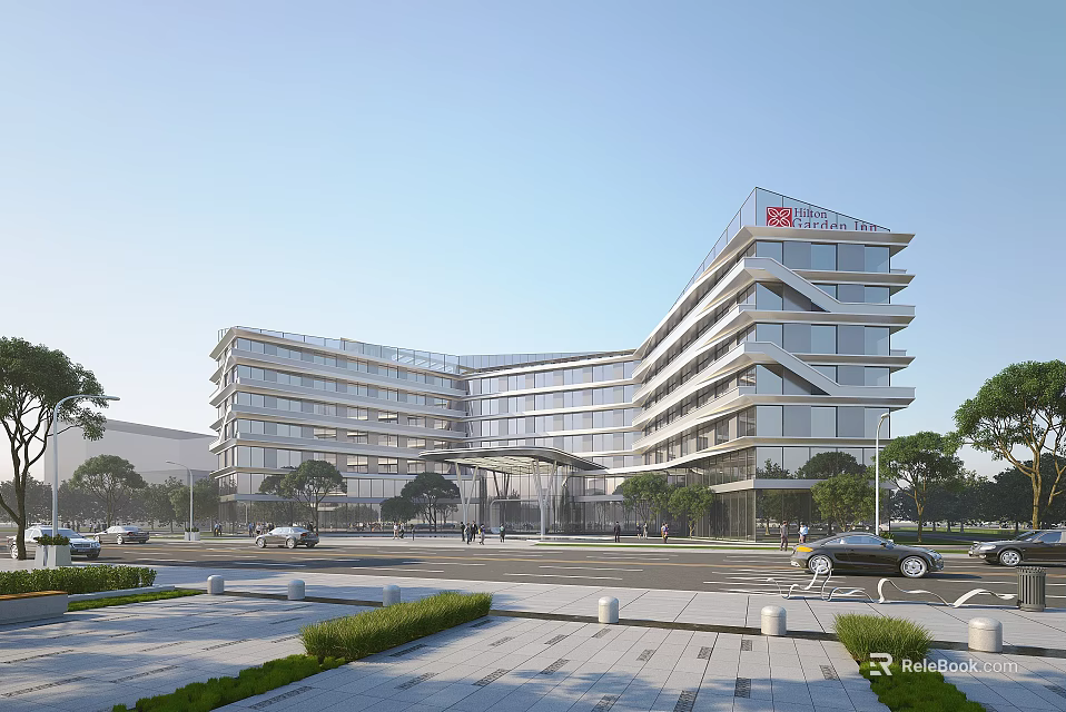 Modern Multi Storey Hotel Building With Glass Facade Connected Wings Plaza Vehicles And Pedestrians 3d model 