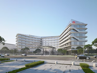 Modern Multi Storey Hotel Building With Glass Facade Connected Wings Plaza Vehicles And Pedestrians 3d model