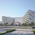 Modern Multi Storey Hotel Building With Glass Facade Connected Wings Plaza Vehicles And Pedestrians