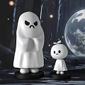 White Ghost Shaped Dolls Large And Small In Night Scene With Full Moon 3d model
