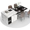 Modern Dining Table Set With Four Brown Chairs Marble Top And Decorative Vase