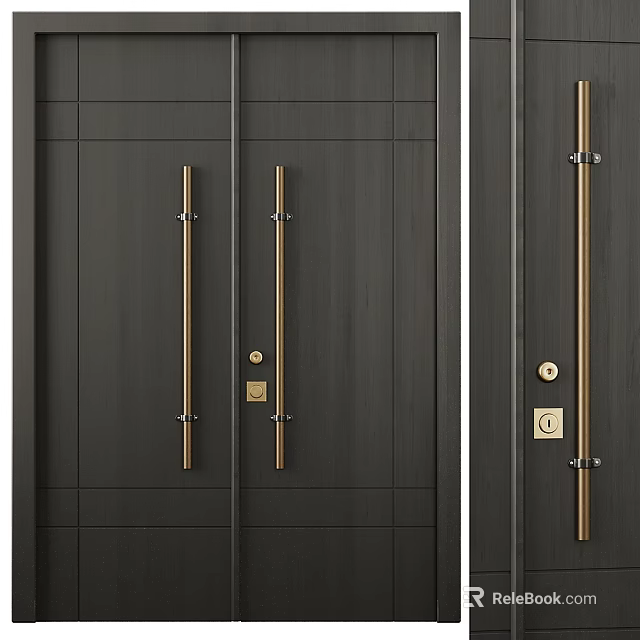 Dark Wooden Modern Swing Door with Gold Handles and Lock Design 3d model 