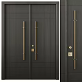 Dark Wooden Modern Swing Door with Gold Handles and Lock Design