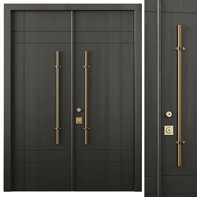 Dark Wooden Modern Swing Door with Gold Handles and Lock Design 3d model