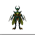 Mythical Insectoid Character With Green Armor Horns Wings Blades And Yellow Details