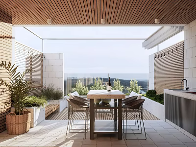 Cozy Open Home Balcony With Wooden Ceiling Sea View Dining Table And Green Plants 3d model