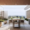 Cozy Open Home Balcony With Wooden Ceiling Sea View Dining Table And Green Plants