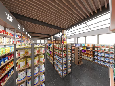 Bright Retail Supermarket Space With Shelves Of Assorted Grocery Products And Wooden Ceiling Beams 3d model
