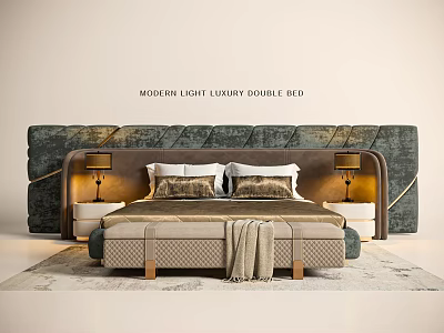 Modern Light Luxury Double Bed Interior Design With Upholstered Headboard And Bedside Lamps 3d model