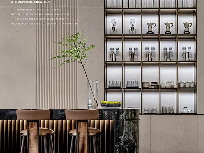 Elegant Modern Bar Interior With Marble Counter Stools Glassware Shelves And Decorative Plant 3d model