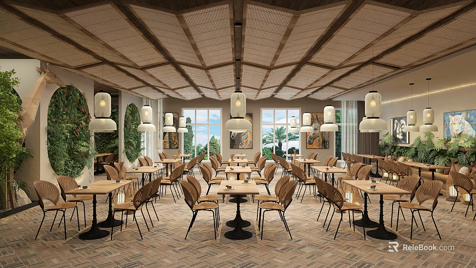 Modern Restaurant Interior With Wooden Ceiling Pendant Lights Green Plant Wall And Large Windows 3d model 