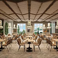 Modern Restaurant Interior With Wooden Ceiling Pendant Lights Green Plant Wall And Large Windows