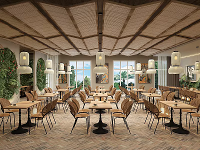 Modern Restaurant Interior With Wooden Ceiling Pendant Lights Green Plant Wall And Large Windows 3d model