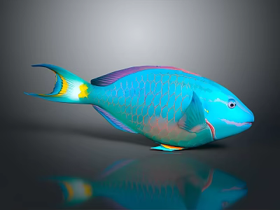 Tropical Fish With Blue Green Purple Scales Yellow Tail And Reflection On Dark Background 3d model