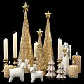 Ornament Decor Combination With Golden Cone Trees Stars White Candles Angel And Deer Figurines