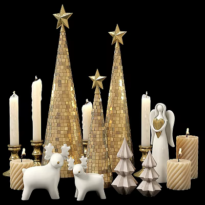 Ornament Decor Combination With Golden Cone Trees Stars White Candles Angel And Deer Figurines 3d model