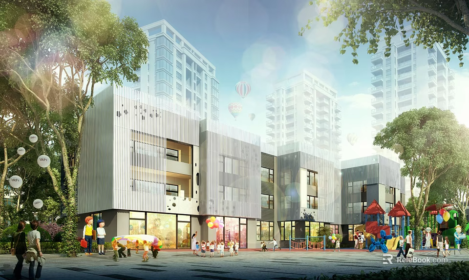 Modern School Building Exterior Featuring Playground And Children Playing Among Green Trees 3d model 