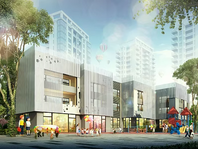Modern School Building Exterior Featuring Playground And Children Playing Among Green Trees 3d model