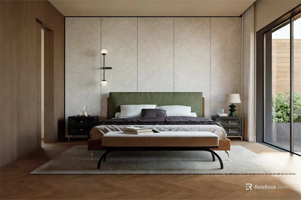 Modern Bedroom Interior With Green Headboard Bench Nightstands And Wooden Floor 3d model 