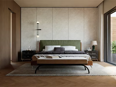 Modern Bedroom Interior With Green Headboard Bench Nightstands And Wooden Floor 3d model