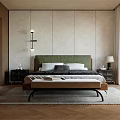 Modern Bedroom Interior With Green Headboard Bench Nightstands And Wooden Floor