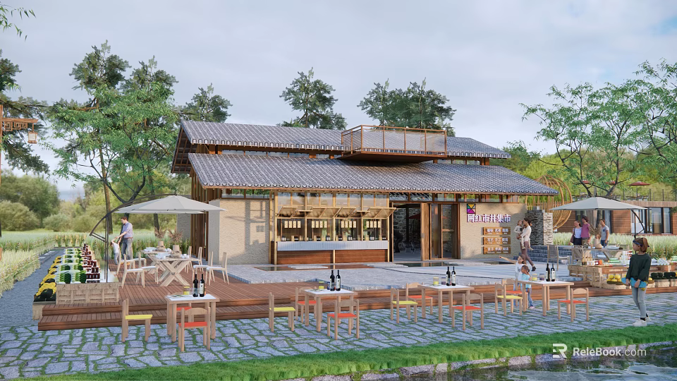 Traditional Homestay Building With Tile Roof Outdoor Seating And Natural Surroundings 3d model 