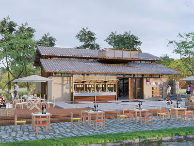 Traditional Homestay Building With Tile Roof Outdoor Seating And Natural Surroundings 3d model